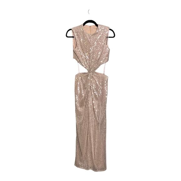NWT Mac Duggal High-Neck Midi Sequin Party Dress Nude Size 4 - Picture 3 of 5